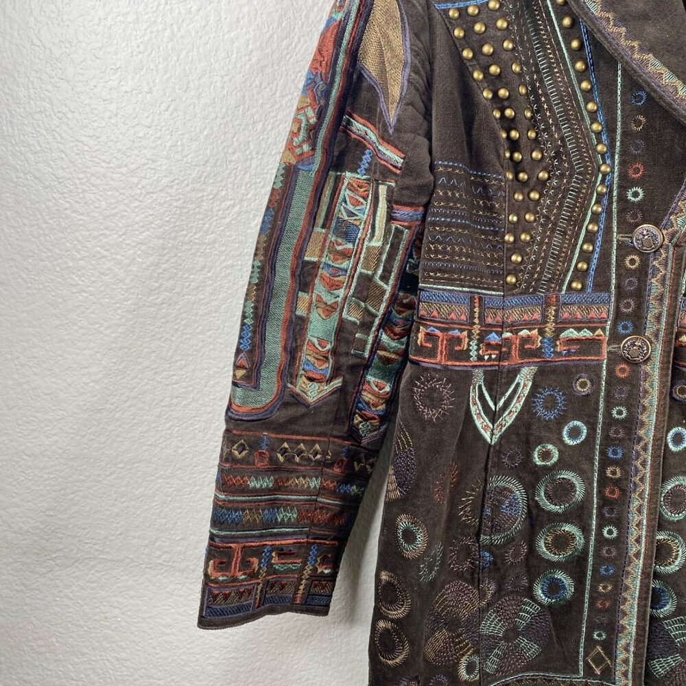 Pamela McCoy Coat Women's Brown Sz M Embroidered Studded Boho Ecletic Mid Length - Picture 8 of 16